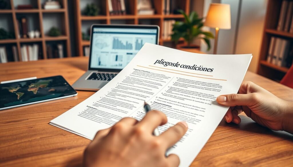 A close-up shot of an open document titled "Pliegos de condiciones," filled with text and diagrams, resting on a wooden desk. The foreground features a pair of hands, one holding a pen poised to make notes, symbolizing the act of reviewing the document thoughtfully. In the middle ground, a laptop displays related research, with visible graphs and charts, conveying an analytical approach. The background includes a softly lit office environment, with bookshelves and a potted plant, creating a professional atmosphere. The lighting is warm and inviting, suggesting a sense of focus and determination, ideal for someone preparing a solid proposal in public contract bidding. The angle is slightly elevated, capturing the essence of a diligent workspace. A close-up shot of an open document titled "Pliegos de condiciones," filled with text and diagrams, resting on a wooden desk. The foreground features a pair of hands, one holding a pen poised to make notes, symbolizing the act of reviewing the document thoughtfully. In the middle ground, a laptop displays related research, with visible graphs and charts, conveying an analytical approach. The background includes a softly lit office environment, with bookshelves and a potted plant, creating a professional atmosphere. The lighting is warm and inviting, suggesting a sense of focus and determination, ideal for someone preparing a solid proposal in public contract bidding. The angle is slightly elevated, capturing the essence of a diligent workspace.