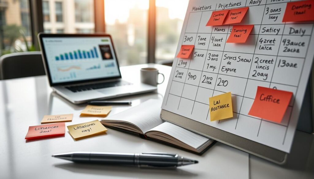 A close-up view of a calendar marked with important dates and deadlines, symbolizing project timelines and opportunities in business. In the foreground, there are sticky notes with dates and reminders, alongside a sleek pen and a laptop showing a business dashboard. The middle layer features an elegant office desk with a notepad open to a page titled "Licitaciones," alongside a mug of coffee. In the background, soft natural light filters through a modern office window, illuminating the workspace and creating a professional atmosphere. Focus on clarity and organization to evoke a sense of urgency and opportunity. The scene should feel motivating and dynamic, inviting the viewer to interpret and plan their business endeavors effectively. A close-up view of a calendar marked with important dates and deadlines, symbolizing project timelines and opportunities in business. In the foreground, there are sticky notes with dates and reminders, alongside a sleek pen and a laptop showing a business dashboard. The middle layer features an elegant office desk with a notepad open to a page titled "Licitaciones," alongside a mug of coffee. In the background, soft natural light filters through a modern office window, illuminating the workspace and creating a professional atmosphere. Focus on clarity and organization to evoke a sense of urgency and opportunity. The scene should feel motivating and dynamic, inviting the viewer to interpret and plan their business endeavors effectively.
