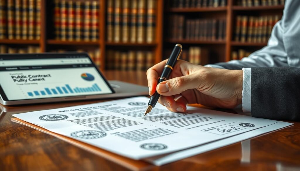 A close-up view of a detailed public contract document, elegantly arranged on a polished wooden desk. The document features intricate watermark designs and official stamps. In the foreground, a pair of professional business hands, dressed in neat attire, hold a fountain pen poised to sign. The middle ground showcases a laptop open to a governmental procurement website, displaying graphs and transparency metrics. In the background, soft-focus bookshelves lined with legal texts and guidelines on public contracting give context. Soft, diffused lighting creates a warm, professional atmosphere, evoking a sense of trust and accountability in the public procurement process. The angle is slightly tilted, adding depth to the composition while emphasizing the document as the focal point. A close-up view of a detailed public contract document, elegantly arranged on a polished wooden desk. The document features intricate watermark designs and official stamps. In the foreground, a pair of professional business hands, dressed in neat attire, hold a fountain pen poised to sign. The middle ground showcases a laptop open to a governmental procurement website, displaying graphs and transparency metrics. In the background, soft-focus bookshelves lined with legal texts and guidelines on public contracting give context. Soft, diffused lighting creates a warm, professional atmosphere, evoking a sense of trust and accountability in the public procurement process. The angle is slightly tilted, adding depth to the composition while emphasizing the document as the focal point.
