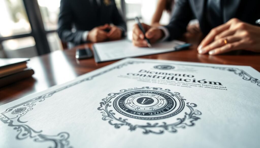 A close-up view of a formal document titled "documento constitución," elegantly laid on a polished wooden desk. In the foreground, the document features ornate border designs and a prominent embossed seal at the center, suggesting authority and legitimacy. The middle ground showcases a pair of hands, one holding a pen poised to sign, symbolizing commitment and formality. Soft, natural light filters through a nearby window, casting gentle shadows that enhance the textures of the paper and the wooden surface. In the background, blurred figures in business attire discuss in hushed tones, indicating collaboration and deliberation. The atmosphere is professional and serious, reflecting the importance of the document in avoiding conflicts in contract execution.