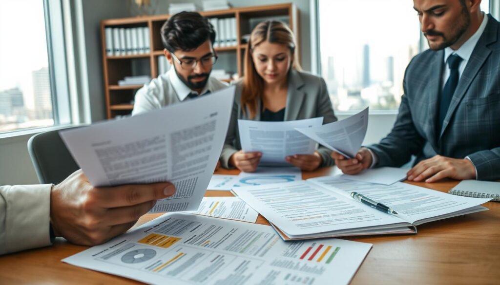 A close-up view of a person reading complex "pliegos de condiciones," surrounded by colorful documents and charts, set on a modern wooden desk. The foreground features a diverse group of professionals (two men and one woman) in smart business attire, intently focusing on the documents while taking notes. In the middle, various open papers reveal intricate diagrams and bullet points, symbolizing legal and procedural intricacies. The background depicts a softly lit office environment with a bookshelf filled with reference books and a window showing a city skyline. Soft, natural lighting enhances the seriousness and clarity of the scene, creating a focused yet approachable atmosphere that conveys the concept of understanding complex legal documents without confusion.