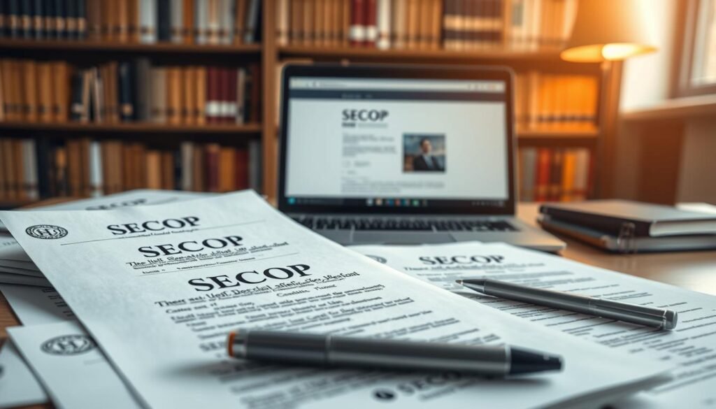 A close-up view of a professional workspace featuring detailed images of SECOP documents in an organized setting. In the foreground, a mock-up of various SECOP documents with official seals and signatures, neatly arranged with a highlighter and a pen. The middle ground shows an open laptop displaying a SECOP II platform interface. The background features a blurred bookshelf filled with legal and business books, with soft lighting highlighting the importance of the documents. The overall mood is one of professionalism and efficiency, conveying a sense of order and clarity. The scene is captured with a shallow depth of field to emphasize the documents while the background gently fades, enhancing focus on the paperwork.