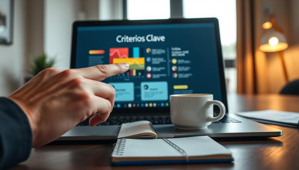 A close-up view of a professional workspace showcasing a digital laptop screen displaying a visually appealing infographic titled "Criterios Clave". The foreground features a hand elegantly pointing at a highlighted section on the screen, with the fingers adorned in a simple silver ring. In the middle ground, a blurred image of a notepad filled with neatly written notes lies beside a steaming cup of coffee. The background features an ambient office setting with soft diffused lighting, accentuated by a modern desk lamp casting a warm glow. A large window allows natural light to filter through, creating a focused yet relaxed atmosphere. This image conveys professionalism and clarity, ideal for illustrating key search criteria for effective results. A close-up view of a professional workspace showcasing a digital laptop screen displaying a visually appealing infographic titled "Criterios Clave". The foreground features a hand elegantly pointing at a highlighted section on the screen, with the fingers adorned in a simple silver ring. In the middle ground, a blurred image of a notepad filled with neatly written notes lies beside a steaming cup of coffee. The background features an ambient office setting with soft diffused lighting, accentuated by a modern desk lamp casting a warm glow. A large window allows natural light to filter through, creating a focused yet relaxed atmosphere. This image conveys professionalism and clarity, ideal for illustrating key search criteria for effective results.