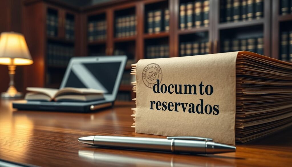 A close-up view of a stack of "documentos reservados," emphasizing their confidential status. The documents should be slightly yellowed with age, featuring an elegant, embossed seal indicating their official nature. In the foreground, a polished wooden desk is adorned with a sleek silver pen and a small lamp casting a warm, inviting glow. In the middle ground, softly blurred legal books and a closed laptop impart a professional atmosphere. The background should contain a darkened office with rich mahogany shelving, subtly illuminated to create a sense of mystery and importance. Use soft focus on the background to keep the viewer's attention on the documents. The overall mood conveys seriousness and confidentiality, hinting at the complexity of legal issues. A close-up view of a stack of "documentos reservados," emphasizing their confidential status. The documents should be slightly yellowed with age, featuring an elegant, embossed seal indicating their official nature. In the foreground, a polished wooden desk is adorned with a sleek silver pen and a small lamp casting a warm, inviting glow. In the middle ground, softly blurred legal books and a closed laptop impart a professional atmosphere. The background should contain a darkened office with rich mahogany shelving, subtly illuminated to create a sense of mystery and importance. Use soft focus on the background to keep the viewer's attention on the documents. The overall mood conveys seriousness and confidentiality, hinting at the complexity of legal issues.