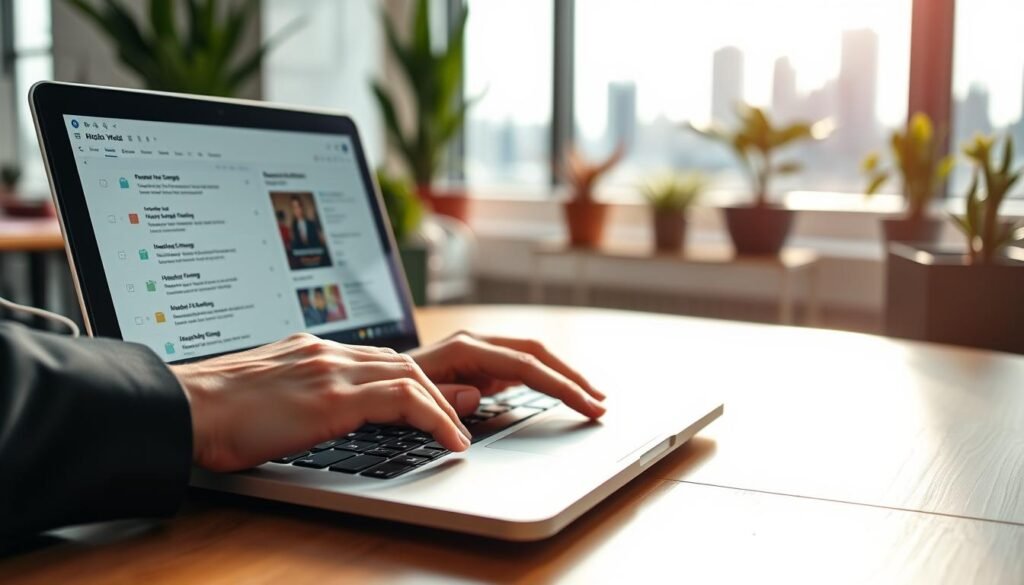 A close-up view of a stylish laptop on a wooden desk, with an open email application displaying an inbox filled with colorful emails. The foreground features a pair of hands in professional business attire typing on the keyboard. In the background, a softly lit modern office environment with potted plants and a blurred city skyline through a window. Natural light filters in, casting gentle shadows and creating a warm, inviting atmosphere. The focus is sharp on the laptop screen and hands, while the background is slightly out of focus to draw attention to the email interface. The overall mood is professional and organized, emphasizing communication and digital connectivity.