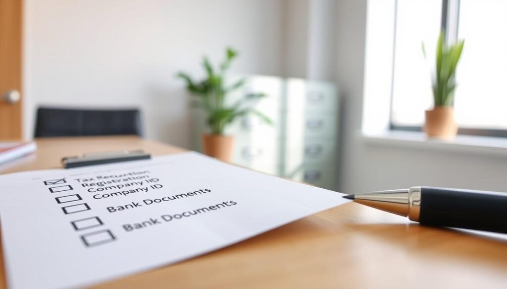 A close-up view of a well-organized checklist featuring various documents required for a supplier in Colombia. The checklist includes items like "Tax Registration," "Company ID," and "Bank Documents," clearly marked with checkboxes next to them. The setting is a sleek, modern office with a wooden desk, where the checklist is placed prominently in the foreground. Soft, natural light filters through a nearby window, creating a bright, professional atmosphere. In the background, there are blurred outlines of filing cabinets and a potted plant, adding a touch of greenery. The overall mood is focused and efficient, capturing the essence of meticulous preparation before submitting important documents. A close-up view of a well-organized checklist featuring various documents required for a supplier in Colombia. The checklist includes items like "Tax Registration," "Company ID," and "Bank Documents," clearly marked with checkboxes next to them. The setting is a sleek, modern office with a wooden desk, where the checklist is placed prominently in the foreground. Soft, natural light filters through a nearby window, creating a bright, professional atmosphere. In the background, there are blurred outlines of filing cabinets and a potted plant, adding a touch of greenery. The overall mood is focused and efficient, capturing the essence of meticulous preparation before submitting important documents.
