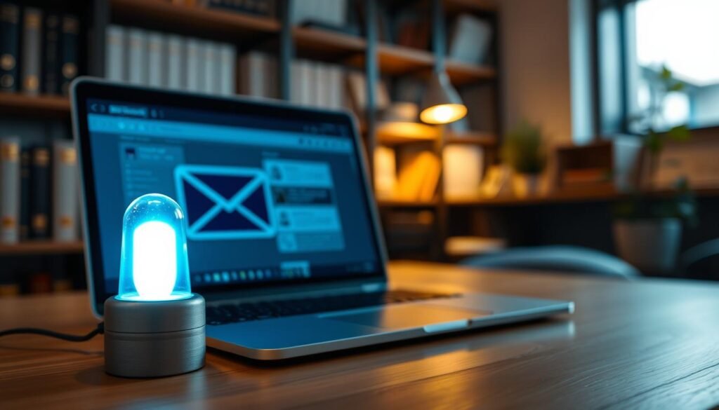 A close-up view of an electronic notification symbol, designed to reflect the essence of digital communication in legal contexts. In the foreground, a glowing notification bell emits a soft blue light, pulsating gently to signify urgency. The middle ground features a blurred laptop screen displaying a faintly illuminated email interface, with abstract templates resembling legal documents. In the background, a modern office environment is subtly illuminated, with shelves of law books and a potted plant, creating a sense of professionalism and scholarly ambiance. The lighting is warm and inviting, enhancing the mood of security and reliability. The image is composed from a slightly elevated angle, focusing on the notification symbol, ensuring clarity and emphasis on the theme of electronic notifications in legal matters.