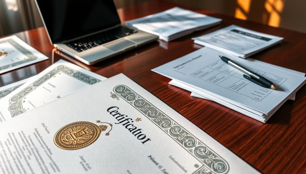 A close-up view of several official certificates laid out on a polished wooden desk. The foreground features a detailed, elegant certificate with intricate border designs and a prominent gold seal, providing a sense of importance and authenticity. In the middle ground, other partially visible certificates showcase varying designs and colors, suggesting a collection of achievements and qualifications. In the background, an open laptop is positioned alongside a neatly arranged stack of application forms and a pen, contributing to an atmosphere of preparation and professionalism. The lighting is soft and warm, casting gentle shadows that create a welcoming, focused environment. The overall mood conveys professionalism and determination, highlighting the essential preparation for bidding in public tenders.