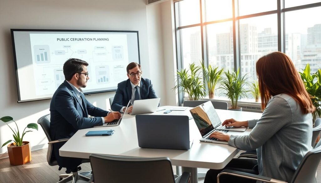 A collaborative and organized office scene depicting the process of public procurement planning. In the foreground, a diverse group of three professionals, two men and one woman, are seated around a modern conference table. They are discussing and reviewing digital documents on laptops, dressed in business attire. The middle ground features a projection screen displaying flowcharts and diagrams related to public contracting procedures. The background includes a large window showcasing a sunny city landscape, with plants adding a touch of greenery to the office space. Natural light pours in, creating a bright and engaging atmosphere, emphasizing teamwork and focus. Capture this scene from a slightly elevated angle to encompass the entire workspace, ensuring a professional and dynamic vibe.