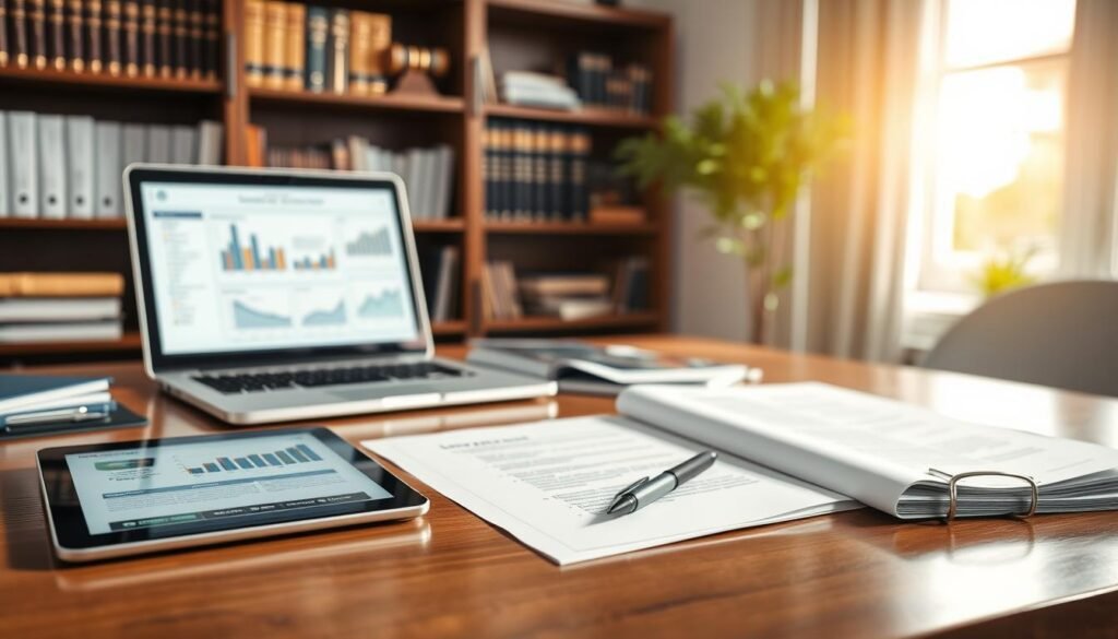 A collection of essential tools representing the key components of Secop II, displayed on a polished wooden desk. In the foreground, feature modern digital devices like a sleek tablet showing a procurement interface, alongside a notepad with a pen and a set of formal government documents. In the middle ground, include a laptop with charts and graphs depicting public procurement processes, emphasizing a digital transformation. In the background, softly blurred elements like a bookshelf filled with legal and business literature create a scholarly atmosphere. Natural light streams in from a window, casting gentle shadows, evoking a professional and optimistic mood. The overall composition should feel organized and sophisticated, embodying innovation in public purchasing.