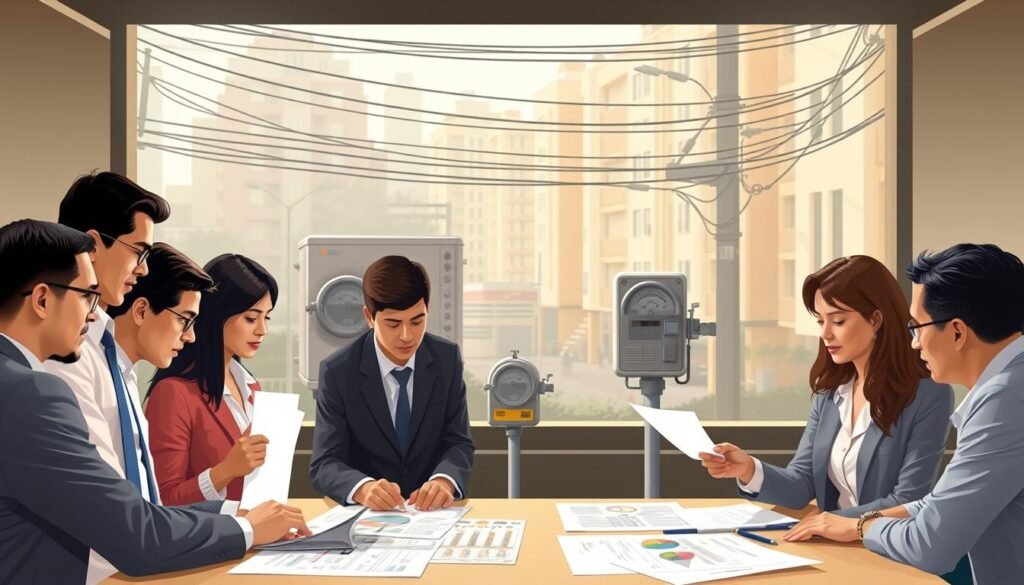 A conceptual illustration depicting the evolution of public services in Colombia before 1994. In the foreground, a diverse group of professional individuals in business attire, including men and women of various ethnic backgrounds, analyze documents and discuss alongside a table filled with charts and graphs. The middle ground shows a contrasting scene of outdated public utility meters and service disruptions, symbolizing the issues faced in that era. In the background, a faded representation of early 90s urban architecture, softly lit by ambient daylight, evokes a sense of nostalgia. The overall mood is reflective and analytical, focusing on improvement and reform in public services. Use a soft focus with a warm color palette to emphasize a sense of change and hope. A conceptual illustration depicting the evolution of public services in Colombia before 1994. In the foreground, a diverse group of professional individuals in business attire, including men and women of various ethnic backgrounds, analyze documents and discuss alongside a table filled with charts and graphs. The middle ground shows a contrasting scene of outdated public utility meters and service disruptions, symbolizing the issues faced in that era. In the background, a faded representation of early 90s urban architecture, softly lit by ambient daylight, evokes a sense of nostalgia. The overall mood is reflective and analytical, focusing on improvement and reform in public services. Use a soft focus with a warm color palette to emphasize a sense of change and hope.