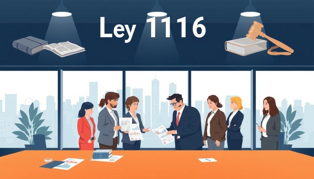 A conceptual illustration representing "Ley 1116 cesación incapacidad." In the foreground, a professional, diverse group of businesspeople in formal attire stands around a conference table, reviewing financial documents and charts that symbolize insolvency and legal proceedings. The middle ground features a large window showcasing a city skyline, suggesting a bustling economic environment. In the background, subtle images of law books and a gavel symbolize legal frameworks. The lighting is soft yet focused, creating a serious and contemplative mood. The angle is slightly elevated, giving a sense of overview to the discussion at hand, while the color palette consists of cool blues and grays, conveying professionalism and gravity associated with financial matters. A conceptual illustration representing "Ley 1116 cesación incapacidad." In the foreground, a professional, diverse group of businesspeople in formal attire stands around a conference table, reviewing financial documents and charts that symbolize insolvency and legal proceedings. The middle ground features a large window showcasing a city skyline, suggesting a bustling economic environment. In the background, subtle images of law books and a gavel symbolize legal frameworks. The lighting is soft yet focused, creating a serious and contemplative mood. The angle is slightly elevated, giving a sense of overview to the discussion at hand, while the color palette consists of cool blues and grays, conveying professionalism and gravity associated with financial matters.