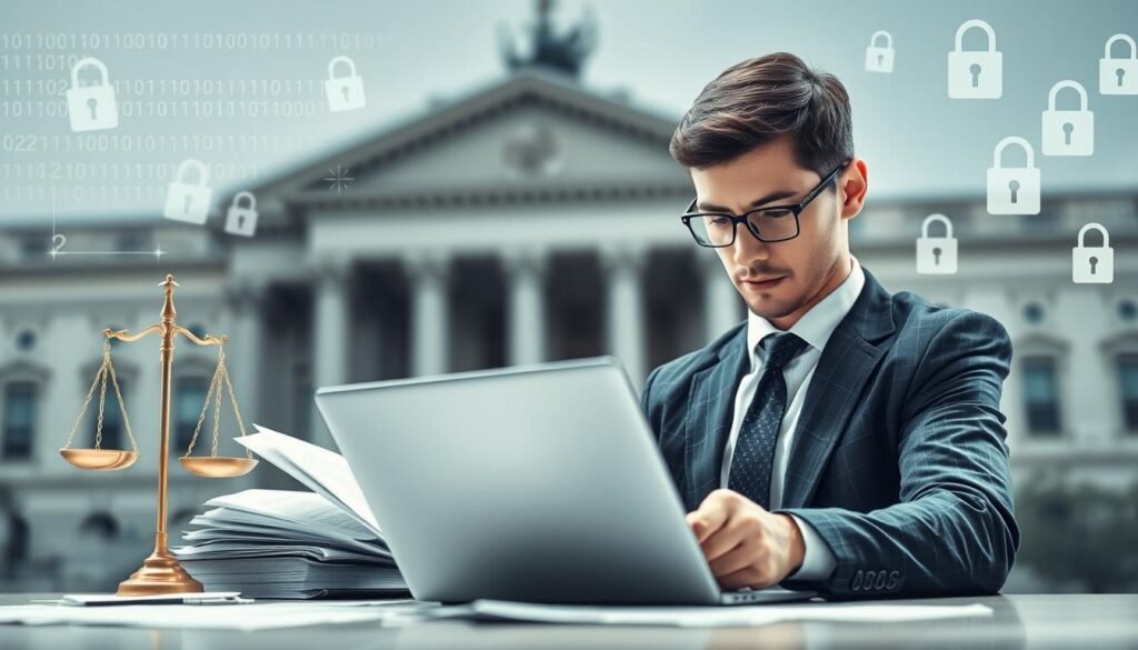 A conceptual illustration representing "data protection and information security in the Penal Code." In the foreground, a professional-looking individual in business attire, focused and analyzing legal documents, with a modern laptop open displaying a digital lock symbol. In the middle, various legal texts and scales of justice symbolizing law and order blend into the scene, while abstract digital elements, such as binary code and padlocks, float around. The background features a blurred image of a government building, hinting at authoritative law. The lighting is soft yet focused, creating a serious and contemplative atmosphere. The angle captures a slight overhead perspective, emphasizing both the individual’s concentration and the significance of data security in legal contexts. A conceptual illustration representing "data protection and information security in the Penal Code." In the foreground, a professional-looking individual in business attire, focused and analyzing legal documents, with a modern laptop open displaying a digital lock symbol. In the middle, various legal texts and scales of justice symbolizing law and order blend into the scene, while abstract digital elements, such as binary code and padlocks, float around. The background features a blurred image of a government building, hinting at authoritative law. The lighting is soft yet focused, creating a serious and contemplative atmosphere. The angle captures a slight overhead perspective, emphasizing both the individual’s concentration and the significance of data security in legal contexts.