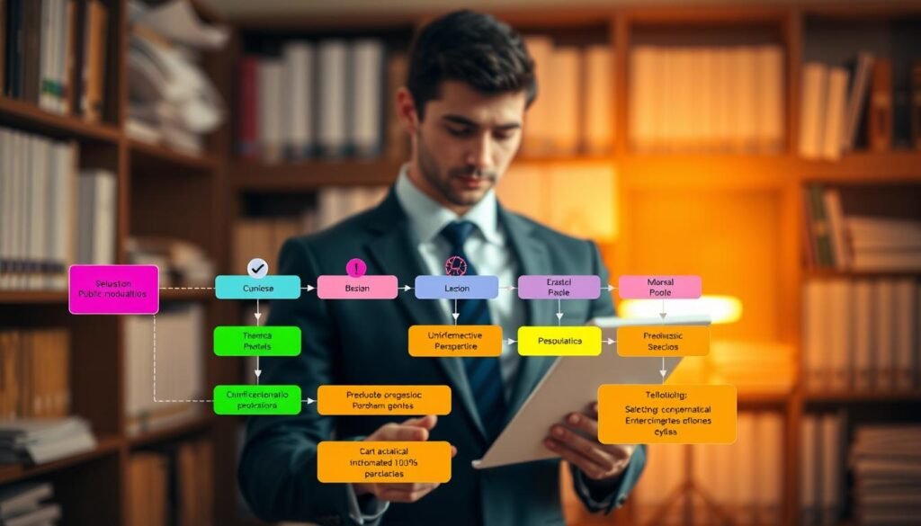 A conceptual image illustrating "modalidades" of selection in public contracting in Colombia. In the foreground, a detailed flowchart with vibrant colors outlines different selection modalities, each represented with icons such as checkmarks and scales. The middle ground features a professional businessperson, dressed in business attire, studying the chart with a thoughtful expression, symbolizing analytical assessment. In the background, a softly blurred office environment with shelves filled with books and papers creates a professional atmosphere. Warm, ambient lighting enhances the focus on the flowchart while casting gentle shadows, creating a sense of depth. The mood is focused and intellectual, encouraging engagement with the material. A conceptual image illustrating "modalidades" of selection in public contracting in Colombia. In the foreground, a detailed flowchart with vibrant colors outlines different selection modalities, each represented with icons such as checkmarks and scales. The middle ground features a professional businessperson, dressed in business attire, studying the chart with a thoughtful expression, symbolizing analytical assessment. In the background, a softly blurred office environment with shelves filled with books and papers creates a professional atmosphere. Warm, ambient lighting enhances the focus on the flowchart while casting gentle shadows, creating a sense of depth. The mood is focused and intellectual, encouraging engagement with the material.