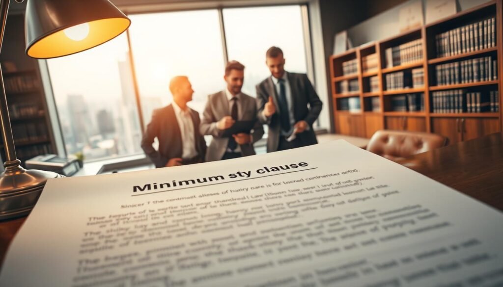A conceptual representation of a "minimum stay clause" in a contract, set in a professional office environment. In the foreground, a close-up of a legal document partially illuminated by warm desk lamp light, with prominent clauses and legal language visible. In the middle ground, a diverse group of three professionals—two men and one woman—dressed in business attire, engaged in an intense discussion, pointing at a specific section of the document. In the background, a modern office with polished wood furniture, bookshelves filled with legal texts, and a cityscape visible through large windows, bathed in soft natural light. The mood is serious yet collaborative, reflecting the theme of legal analysis and clarity. The angle is slightly low to emphasize the document and the engaged professionals. A conceptual representation of a "minimum stay clause" in a contract, set in a professional office environment. In the foreground, a close-up of a legal document partially illuminated by warm desk lamp light, with prominent clauses and legal language visible. In the middle ground, a diverse group of three professionals—two men and one woman—dressed in business attire, engaged in an intense discussion, pointing at a specific section of the document. In the background, a modern office with polished wood furniture, bookshelves filled with legal texts, and a cityscape visible through large windows, bathed in soft natural light. The mood is serious yet collaborative, reflecting the theme of legal analysis and clarity. The angle is slightly low to emphasize the document and the engaged professionals.