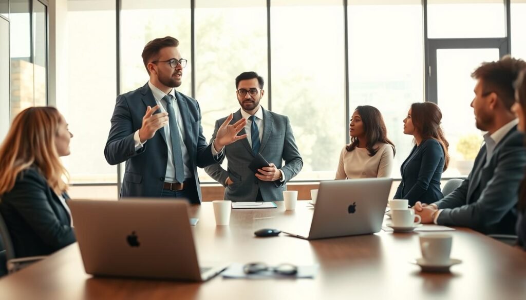 A confident business professional, dressed in smart business attire, stands at a modern office conference table, engaging with a diverse group of attentive colleagues. The foreground features a well-organized table with a laptop, notepad, and coffee cups, indicating a focused discussion. In the middle ground, the professional gestures enthusiastically while sharing ideas, highlighting the characteristics of a good "oferente" such as clarity, persuasion, and engagement. The background presents a bright, contemporary office space with large windows allowing natural light to pour in, creating an inviting and collaborative atmosphere. The scene captures a sense of teamwork and innovation, with soft, warm lighting to imbue a feeling of positivity and motivation. The image is shot from a slightly elevated angle to showcase the interaction among participants.