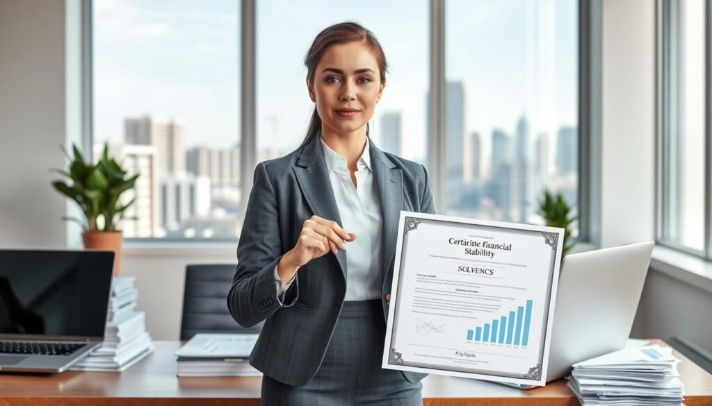 A confident businesswoman in a professional outfit stands in a bright, modern office environment, surrounded by organized stacks of documents and a laptop open with graphs displayed, conveying a sense of solvency and organization. In the foreground, she is pointing at an official-looking certificate of financial stability, while a calm expression of determination is on her face. The middle layer features a neatly arranged desk with a potted plant and a large window allowing natural light to stream in, illuminating the scene. In the background, a city skyline is visible through the window, adding to the atmosphere of ambition and professionalism. The image should convey a mood of clarity, focus, and confidence in navigating bureaucratic processes.