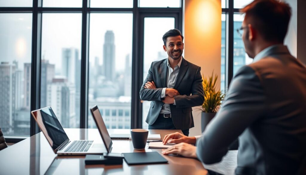 A confident professional offers a service at a modern office environment, standing by a sleek desk adorned with a laptop, notepad, and coffee cup. In the foreground, the individual, dressed in professional attire, is engaged in conversation with a client seated across from them. The middle ground features a window showcasing a view of a bustling cityscape, suggesting an active marketplace. Backlighting from the window creates a warm glow, enhancing the atmosphere of collaboration. The scene captures a sense of professionalism and approachability, with a focus on the exchange of ideas. The overall mood is inspiring and dynamic, reflecting the essence of being a service provider in today's competitive environment. The perspective is slightly angled to emphasize both parties in the conversation. A confident professional offers a service at a modern office environment, standing by a sleek desk adorned with a laptop, notepad, and coffee cup. In the foreground, the individual, dressed in professional attire, is engaged in conversation with a client seated across from them. The middle ground features a window showcasing a view of a bustling cityscape, suggesting an active marketplace. Backlighting from the window creates a warm glow, enhancing the atmosphere of collaboration. The scene captures a sense of professionalism and approachability, with a focus on the exchange of ideas. The overall mood is inspiring and dynamic, reflecting the essence of being a service provider in today's competitive environment. The perspective is slightly angled to emphasize both parties in the conversation.