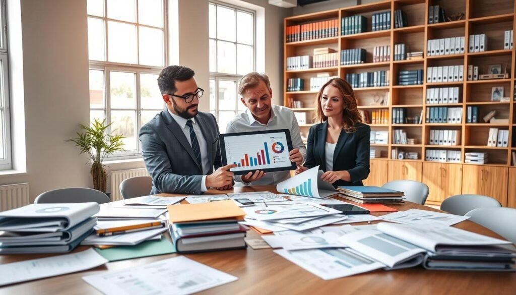 A contemporary office environment set as the background, featuring a large, sleek wooden table cluttered with color-coded folders, spreadsheets, and data reports. In the foreground, a diverse group of three professionals—two men and one woman—are engaged in discussion, pointing at a digital tablet displaying graphs and charts. They are dressed in smart business attire, exuding focus and collaboration. The lighting is bright and natural, filtering through large windows to create a productive atmosphere. In the background, bookshelves with management and statistical books line the walls, enhancing the theme of data preparation and quality control. The scene conveys a sense of diligence and trustworthiness, showing a commitment to reliable information.