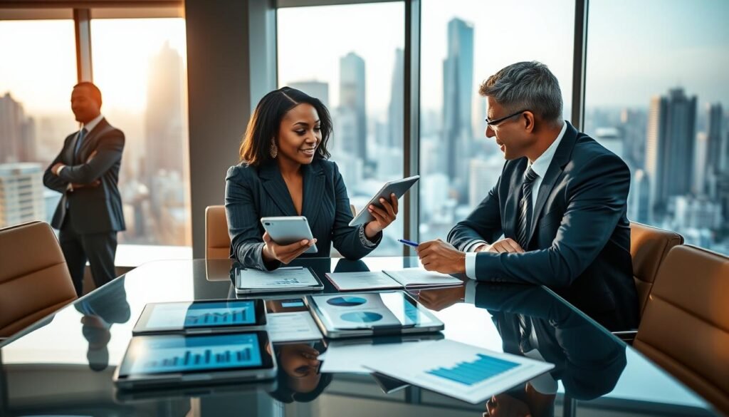 A contemporary office environment showcasing a diverse group of professional individuals engaged in a dynamic market negotiation. In the foreground, a confident Black woman in a tailored suit gestures to a digital tablet, while a White man in business attire listens attentively, taking notes. In the middle ground, a sleek glass conference table is adorned with market research documents and tablets showcasing graphs and charts, indicating crucial data analysis. In the background, large windows reveal a bustling cityscape, illuminated by warm, natural light of a late afternoon sun. The overall atmosphere is focused and collaborative, emphasizing teamwork in understanding market offers and negotiations, with a depth of field that draws attention to the professionals at the table. A contemporary office environment showcasing a diverse group of professional individuals engaged in a dynamic market negotiation. In the foreground, a confident Black woman in a tailored suit gestures to a digital tablet, while a White man in business attire listens attentively, taking notes. In the middle ground, a sleek glass conference table is adorned with market research documents and tablets showcasing graphs and charts, indicating crucial data analysis. In the background, large windows reveal a bustling cityscape, illuminated by warm, natural light of a late afternoon sun. The overall atmosphere is focused and collaborative, emphasizing teamwork in understanding market offers and negotiations, with a depth of field that draws attention to the professionals at the table.