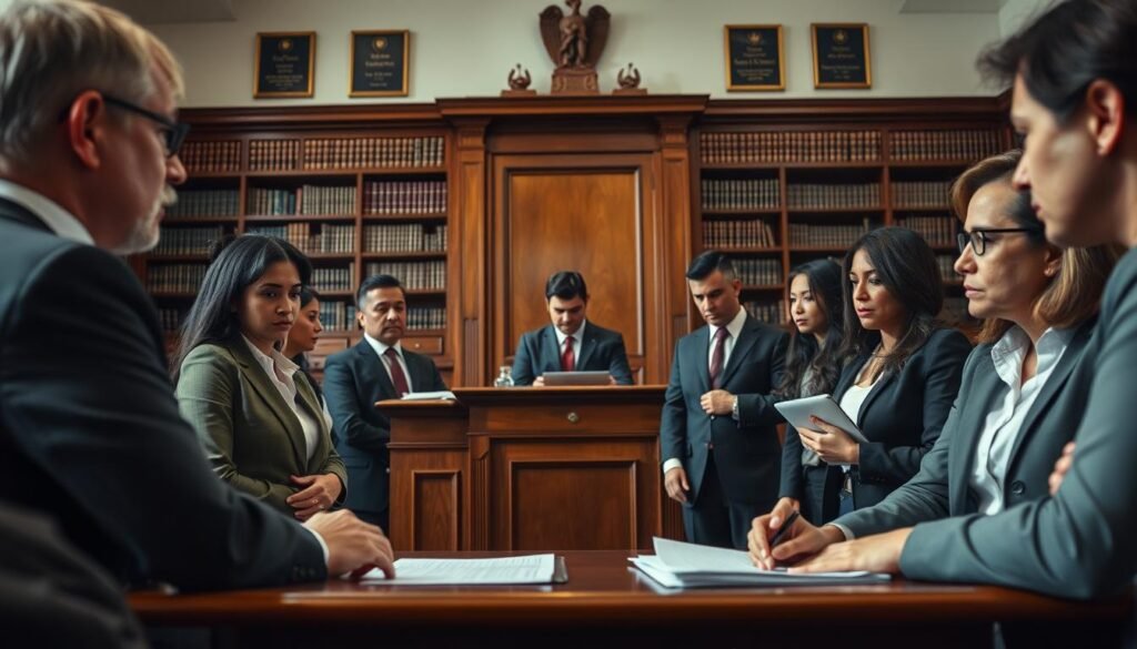 A courtroom scene depicting the concept of "control de legalidad captura." In the foreground, a diverse group of professionals in business attire, including a judge, a prosecutor, and a defense attorney, engaged in a serious discussion. The middle ground features a wooden judge's bench and a witness stand, with legal documents and evidence laid out. The background shows the architecture of a traditional courtroom, complete with bookshelves filled with law books and framed legal accolades. Soft, focused lighting highlights the intensity of their expressions, creating a tense and serious atmosphere. The angle is slightly low, emphasizing the authority of the courtroom. The overall mood conveys the gravity of ensuring legal control and the complexities of arrest and freedom. A courtroom scene depicting the concept of "control de legalidad captura." In the foreground, a diverse group of professionals in business attire, including a judge, a prosecutor, and a defense attorney, engaged in a serious discussion. The middle ground features a wooden judge's bench and a witness stand, with legal documents and evidence laid out. The background shows the architecture of a traditional courtroom, complete with bookshelves filled with law books and framed legal accolades. Soft, focused lighting highlights the intensity of their expressions, creating a tense and serious atmosphere. The angle is slightly low, emphasizing the authority of the courtroom. The overall mood conveys the gravity of ensuring legal control and the complexities of arrest and freedom.