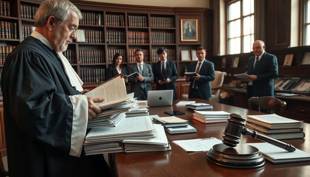A courtroom scene focusing on judicial inspections, emphasizing the careful organization of legal documents and evidence. In the foreground, a judge in a distinguished robe examines a stack of files, with a serious expression. Surrounding them are professional inspectors dressed in business attire, making notes on a clipboard and discussing findings. The middle ground features a wooden table filled with various legal documents, a laptop, and a gavel. The background includes shelves filled with law books and framed certificates, creating an atmosphere of professionalism and authority. Soft, natural lighting cascades through high windows, illuminating the room with a warm glow, capturing the intensity and focus of the judicial process. The entire scene conveys a sense of order, diligence, and seriousness in the judicial inspection process.