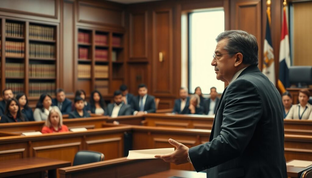 A courtroom setting depicting a lawyer presenting evidence during a legal proceeding. In the foreground, a focused, well-dressed lawyer, a middle-aged Hispanic male, passionately gestures towards a judge, who listens attentively. The middle layer includes a diverse jury seated, displaying expressions of concentration and curiosity. The background features traditional courtroom elements: wooden paneling, shelves filled with legal books, and a prominent flag. Soft, natural lighting filters through large windows, creating a serious yet respectful atmosphere. The scene captures the essence of legal professionalism and the complexity of procedural law, conveying the gravity of applying law 906 of 2004 in a real-world context. The composition should be cinematic, with a slight depth of field to emphasize key subjects. A courtroom setting depicting a lawyer presenting evidence during a legal proceeding. In the foreground, a focused, well-dressed lawyer, a middle-aged Hispanic male, passionately gestures towards a judge, who listens attentively. The middle layer includes a diverse jury seated, displaying expressions of concentration and curiosity. The background features traditional courtroom elements: wooden paneling, shelves filled with legal books, and a prominent flag. Soft, natural lighting filters through large windows, creating a serious yet respectful atmosphere. The scene captures the essence of legal professionalism and the complexity of procedural law, conveying the gravity of applying law 906 of 2004 in a real-world context. The composition should be cinematic, with a slight depth of field to emphasize key subjects.