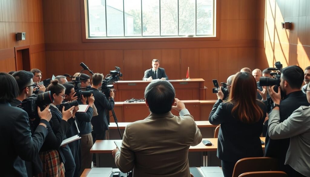 A courtroom setting emphasizing the concept of "publicidad actuación procesal." In the foreground, a diverse group of journalists in professional attire, equipped with cameras and notepads, capturing a press conference about a criminal case. The middle ground features a judge at a bench, surrounded by legal documents, with a serious expression, underscoring the weight of justice. In the background, a large window allowing natural light to stream in, casting soft shadows, creating a warm yet tense atmosphere. The overall mood is a blend of professionalism and urgency, highlighting the balance between media access and the protection of rights in legal proceedings. A courtroom setting emphasizing the concept of "publicidad actuación procesal." In the foreground, a diverse group of journalists in professional attire, equipped with cameras and notepads, capturing a press conference about a criminal case. The middle ground features a judge at a bench, surrounded by legal documents, with a serious expression, underscoring the weight of justice. In the background, a large window allowing natural light to stream in, casting soft shadows, creating a warm yet tense atmosphere. The overall mood is a blend of professionalism and urgency, highlighting the balance between media access and the protection of rights in legal proceedings.