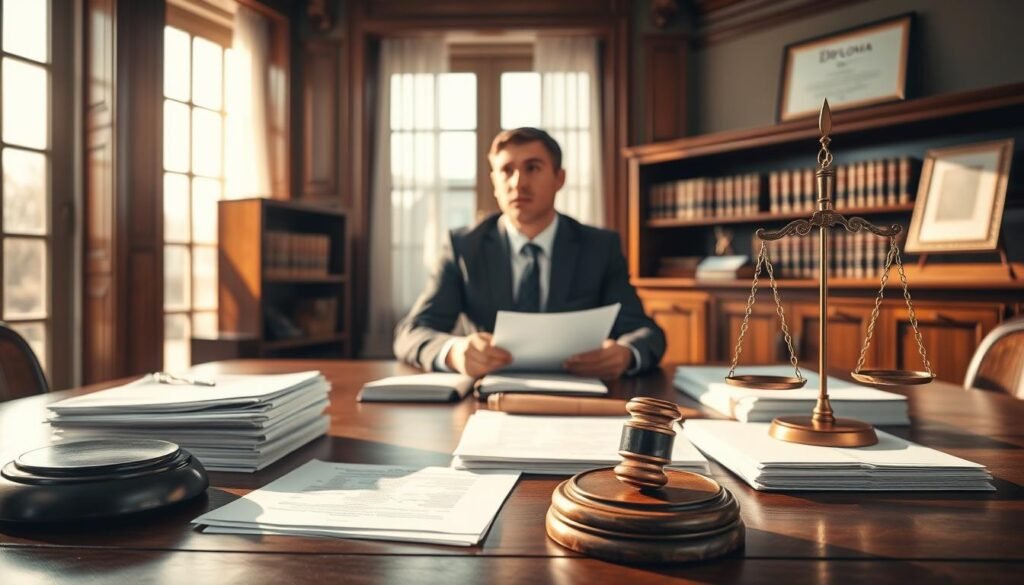 A detailed administrative scene depicting a formal office environment, featuring a large wooden table with stacks of legal documents, a gavel, and a traditional scale symbolizing justice placed in the foreground. In the middle, a professional individual in business attire is reviewing paperwork, looking contemplative. Soft natural light filters through large windows, casting gentle shadows that create an atmosphere of seriousness and reflection. The background shows a traditional bookshelf filled with law books and a framed diploma on the wall, enhancing the scholarly ambiance. The overall mood conveys a sense of authority, clarity, and the weight of decision-making in legal matters, without any text or additional overlays.