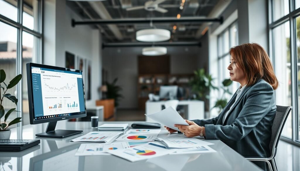 A detailed analysis process scene focused on small business tenders in Colombia. In the foreground, a professional, middle-aged woman in business attire sits at a modern desk, intently reviewing colorful graphs and documents spread out before her. In the middle ground, a computer screen displays a digital platform related to SECOP, featuring a clean interface with charts and statistics. The background reveals a bright, stylish office with large windows allowing natural light to illuminate the space, creating a lively and optimistic atmosphere. The camera angle is slightly above eye level, providing a comprehensive view of the workspace. The overall mood conveys focus, diligence, and professionalism, capturing the essence of a meticulous analysis process.