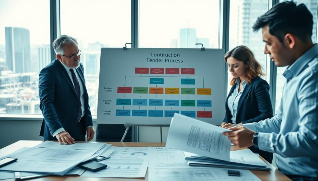 A detailed and dynamic scene of a construction bidding process in an office environment. In the foreground, a diverse group of three professionals—two men and one woman—dressed in crisp business attire, closely reviewing blueprints and documents spread across a conference table. The middle ground showcases a large presentation board displaying a colorful flowchart outlining the tender process, from invitation to contract award. In the background, a large window reveals a bustling cityscape, suggesting the construction project is urban-focused. The lighting is bright and inviting, creating an atmosphere of collaboration and focus, with soft shadows accentuating the details. The angle is slightly elevated to capture both the professionals and the visual aids effectively.