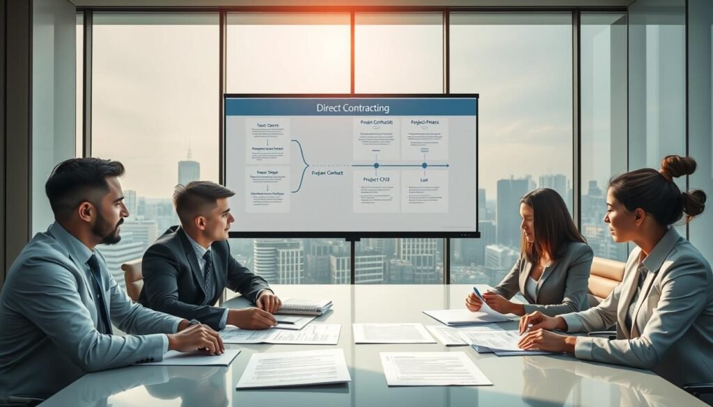 A detailed and organized depiction of the direct contracting process in Colombia, featuring a professional office environment. In the foreground, a diverse group of business professionals—two men and two women—dressed in formal business attire are engaged in a discussion around a large conference table. They are reviewing key documents related to the contracting process, such as contracts and project proposals. The middle layer shows a digital presentation on the wall illustrating flowcharts and timelines of the contracting steps. In the background, a large window reveals a cityscape, with soft, diffused sunlight illuminating the scene, creating a motivating atmosphere. The image captures a sense of collaboration and focus, embodying the systematic nature of direct contracting in a modern business setting. A detailed and organized depiction of the direct contracting process in Colombia, featuring a professional office environment. In the foreground, a diverse group of business professionals—two men and two women—dressed in formal business attire are engaged in a discussion around a large conference table. They are reviewing key documents related to the contracting process, such as contracts and project proposals. The middle layer shows a digital presentation on the wall illustrating flowcharts and timelines of the contracting steps. In the background, a large window reveals a cityscape, with soft, diffused sunlight illuminating the scene, creating a motivating atmosphere. The image captures a sense of collaboration and focus, embodying the systematic nature of direct contracting in a modern business setting.