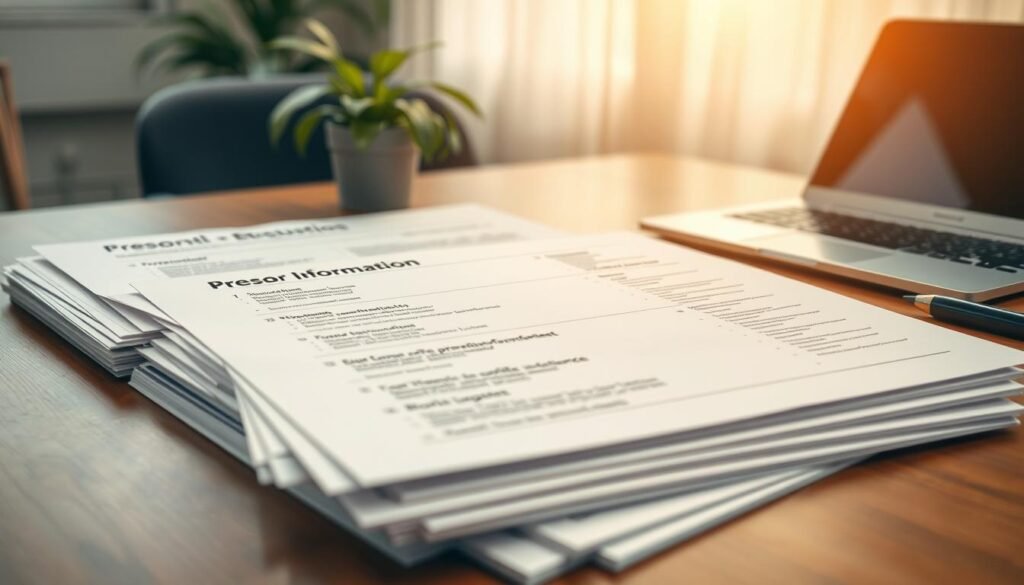 A detailed and organized "hoja vida" (CV or resume) laid out on a wooden desk, showcasing various sections such as personal information, education, work experience, and skills. In the foreground, include a neatly arranged stack of supporting documents, such as diplomas and certificates, emphasizing the preparation aspect. In the middle, the hoja vida should feature clear, professional formatting with bullet points for easy readability. The background displays a softly blurred office environment, with a potted plant and a laptop to convey a professional atmosphere. The lighting is warm and inviting, creating a sense of optimism and professionalism. The overall mood should be focused and determined, reflecting the dedication to preparing a solid application for government positions, without any text or human figures present. A detailed and organized "hoja vida" (CV or resume) laid out on a wooden desk, showcasing various sections such as personal information, education, work experience, and skills. In the foreground, include a neatly arranged stack of supporting documents, such as diplomas and certificates, emphasizing the preparation aspect. In the middle, the hoja vida should feature clear, professional formatting with bullet points for easy readability. The background displays a softly blurred office environment, with a potted plant and a laptop to convey a professional atmosphere. The lighting is warm and inviting, creating a sense of optimism and professionalism. The overall mood should be focused and determined, reflecting the dedication to preparing a solid application for government positions, without any text or human figures present.
