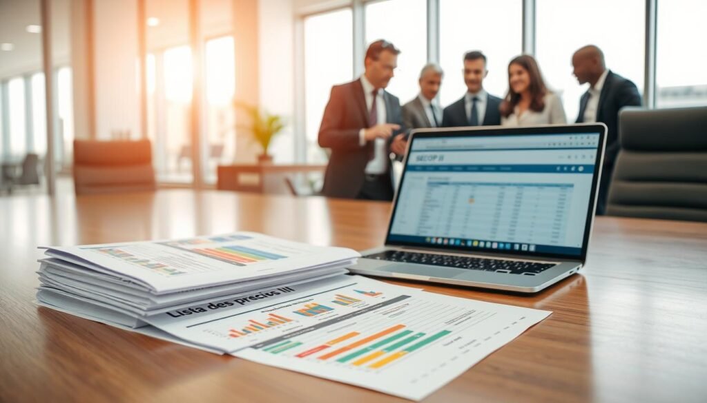 A detailed and organized image of a "lista de precios SECOP II," displayed prominently on a sleek wooden conference table. In the foreground, a neatly arranged stack of documents featuring colorful charts and graphs related to public procurement pricing in Colombia, alongside a professional laptop opened to a SECOP II webpage. In the middle ground, a group of diverse professionals in business attire engage in discussion, with one pointing at the documents, embodying collaboration and analysis. The background shows a bright, modern office with large windows, letting in natural light, creating a productive atmosphere. The overall mood is focused and professional, representing a successful meeting environment for public tender opportunities in Colombia. A detailed and organized image of a "lista de precios SECOP II," displayed prominently on a sleek wooden conference table. In the foreground, a neatly arranged stack of documents featuring colorful charts and graphs related to public procurement pricing in Colombia, alongside a professional laptop opened to a SECOP II webpage. In the middle ground, a group of diverse professionals in business attire engage in discussion, with one pointing at the documents, embodying collaboration and analysis. The background shows a bright, modern office with large windows, letting in natural light, creating a productive atmosphere. The overall mood is focused and professional, representing a successful meeting environment for public tender opportunities in Colombia.