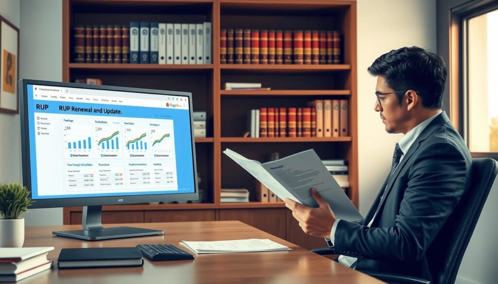 A detailed and organized office scene illustrating the concept of "Registro Único Proponentes" (RUP). In the foreground, a professional person in business attire is seated at a desk, examining a document titled "RUP Renewal and Update." The person appears focused and engaged, conveying the importance of public procurement processes. In the middle section, a computer screen displays a digital interface of the RUP platform, with graphs and forms, emphasizing modernization. The background showcases bookshelves filled with legal manuals and procurement guidelines, creating a scholarly atmosphere. Soft, natural lighting from a nearby window adds warmth to the scene. Capture the mood of professionalism and diligence in public administration tasks. The angle should be slightly elevated, providing a clear view of the desk and the interaction with the computer screen. A detailed and organized office scene illustrating the concept of "Registro Único Proponentes" (RUP). In the foreground, a professional person in business attire is seated at a desk, examining a document titled "RUP Renewal and Update." The person appears focused and engaged, conveying the importance of public procurement processes. In the middle section, a computer screen displays a digital interface of the RUP platform, with graphs and forms, emphasizing modernization. The background showcases bookshelves filled with legal manuals and procurement guidelines, creating a scholarly atmosphere. Soft, natural lighting from a nearby window adds warmth to the scene. Capture the mood of professionalism and diligence in public administration tasks. The angle should be slightly elevated, providing a clear view of the desk and the interaction with the computer screen.