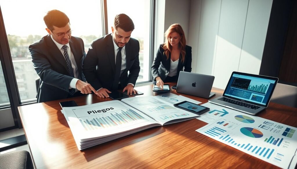 A detailed and organized workspace featuring professionals analyzing a thick, open document labeled "Pliegos" with various charts and graphs spread across the table. In the foreground, two individuals in smart business attire, one male and one female, engage in a discussion, pointing at key sections of the document. In the middle, an array of digital tablets displaying relevant data and a laptop open to an analysis software are present, showcasing modern tools used for strategic participation. The background features a large window allowing natural light to fill the room, creating a bright and focused atmosphere. Soft shadows are cast on the polished wooden table, enhancing the professional mood of the scene, evoking a sense of diligence and strategy. A detailed and organized workspace featuring professionals analyzing a thick, open document labeled "Pliegos" with various charts and graphs spread across the table. In the foreground, two individuals in smart business attire, one male and one female, engage in a discussion, pointing at key sections of the document. In the middle, an array of digital tablets displaying relevant data and a laptop open to an analysis software are present, showcasing modern tools used for strategic participation. The background features a large window allowing natural light to fill the room, creating a bright and focused atmosphere. Soft shadows are cast on the polished wooden table, enhancing the professional mood of the scene, evoking a sense of diligence and strategy.