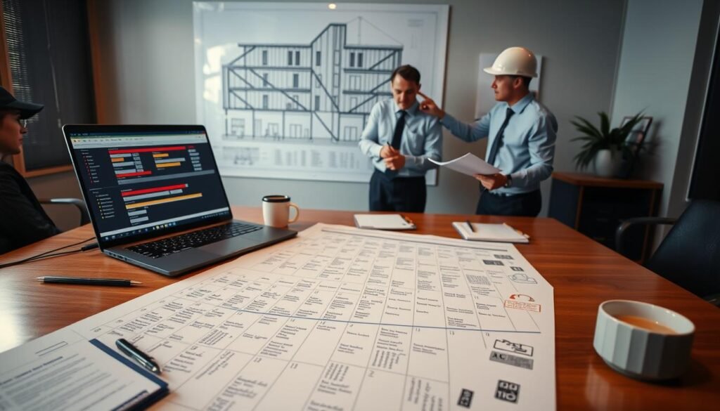 A detailed and organized workspace setting showcasing a time schedule for a procurement project in construction. In the foreground, a large, detailed project calendar filled with timelines, milestones, and resource allocations on a polished wooden table. Include tools such as a laptop displaying project management software, a notepad with handwritten notes, and a cup of coffee. In the middle ground, an architect and a project manager in professional business attire are discussing the schedule, pointing at the calendar, immersed in planning. The background features a blueprint of a construction project pinned to a wall, soft ambient lighting enhancing focus on the workspace. The overall atmosphere conveys professionalism, collaboration, and meticulous planning in a well-lit, organized office environment. A detailed and organized workspace setting showcasing a time schedule for a procurement project in construction. In the foreground, a large, detailed project calendar filled with timelines, milestones, and resource allocations on a polished wooden table. Include tools such as a laptop displaying project management software, a notepad with handwritten notes, and a cup of coffee. In the middle ground, an architect and a project manager in professional business attire are discussing the schedule, pointing at the calendar, immersed in planning. The background features a blueprint of a construction project pinned to a wall, soft ambient lighting enhancing focus on the workspace. The overall atmosphere conveys professionalism, collaboration, and meticulous planning in a well-lit, organized office environment.