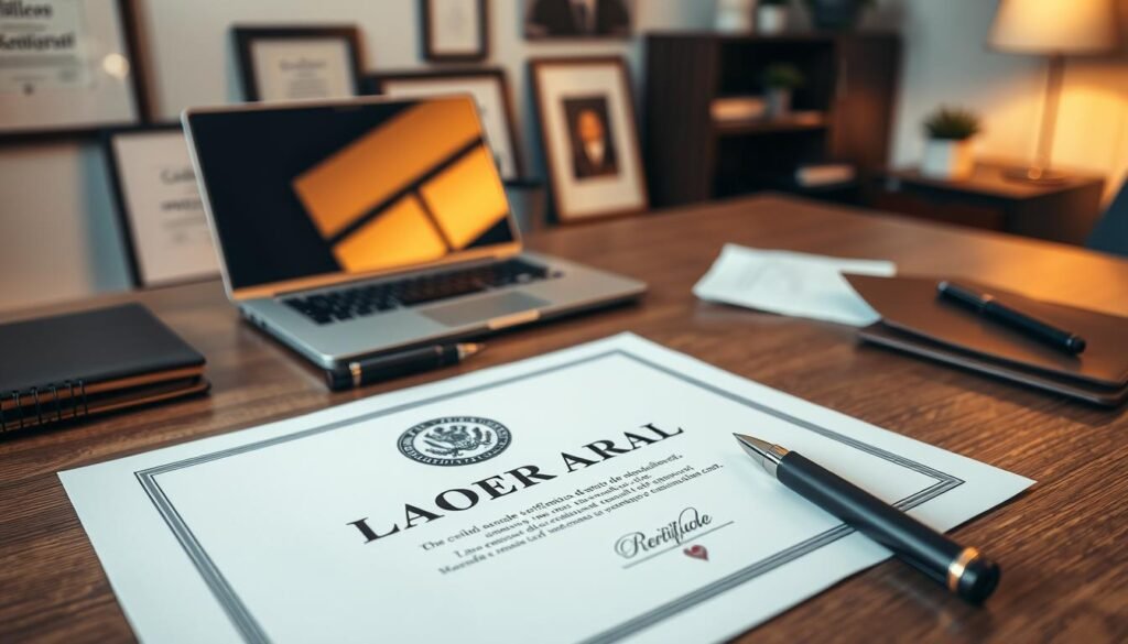 A detailed and professional image of a "certificado laboral" displayed prominently on a wooden desk. The foreground features the certificate, neatly printed on high-quality paper, showcasing an official logo and elegant borders. Surrounding it are a few office essentials, like a stylish pen, a leather-bound notebook, and an open laptop reflecting soft, warm lighting. In the middle ground, an organized workspace with subtle hints of office decor, like framed certificates and a potted plant, adds context. The background captures a softly blurred office environment with muted colors, conveying a serious yet inviting atmosphere. The lighting is warm and natural, suggesting a focused and professional moment. No people are present, emphasizing the importance of the certificate itself. A detailed and professional image of a "certificado laboral" displayed prominently on a wooden desk. The foreground features the certificate, neatly printed on high-quality paper, showcasing an official logo and elegant borders. Surrounding it are a few office essentials, like a stylish pen, a leather-bound notebook, and an open laptop reflecting soft, warm lighting. In the middle ground, an organized workspace with subtle hints of office decor, like framed certificates and a potted plant, adds context. The background captures a softly blurred office environment with muted colors, conveying a serious yet inviting atmosphere. The lighting is warm and natural, suggesting a focused and professional moment. No people are present, emphasizing the importance of the certificate itself.