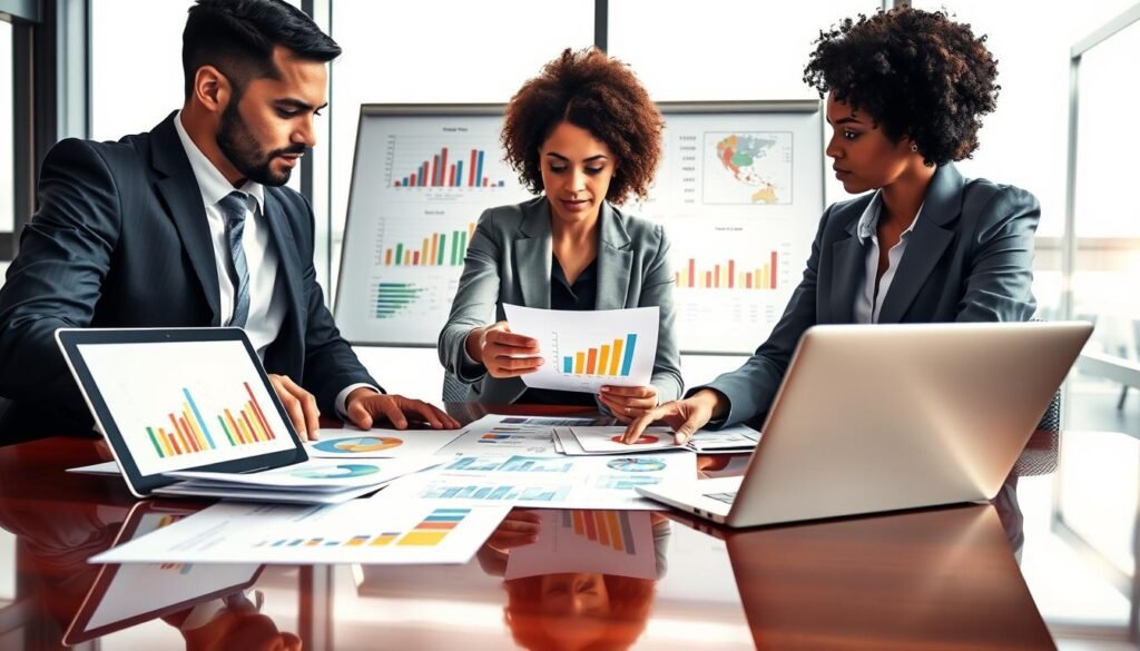 A detailed and realistic representation of a business meeting, focusing on individuals analyzing documents and charts related to public bidding calculations. In the foreground, a diverse group of three professionals, dressed in formal business attire, are engaged in a discussion, pointing at graphs and spreadsheets laid out on a polished conference table. In the middle ground, a whiteboard displays colorful graphs and numbers related to bid proposals and cost analysis, while a laptop glows with relevant data. The background features a modern office space with large windows letting in soft, natural light, creating a bright and inviting atmosphere. The mood is focused and collaborative, highlighting the seriousness of evaluating public tender opportunities. The image captures a moment of strategic decision-making and teamwork. A detailed and realistic representation of a business meeting, focusing on individuals analyzing documents and charts related to public bidding calculations. In the foreground, a diverse group of three professionals, dressed in formal business attire, are engaged in a discussion, pointing at graphs and spreadsheets laid out on a polished conference table. In the middle ground, a whiteboard displays colorful graphs and numbers related to bid proposals and cost analysis, while a laptop glows with relevant data. The background features a modern office space with large windows letting in soft, natural light, creating a bright and inviting atmosphere. The mood is focused and collaborative, highlighting the seriousness of evaluating public tender opportunities. The image captures a moment of strategic decision-making and teamwork.