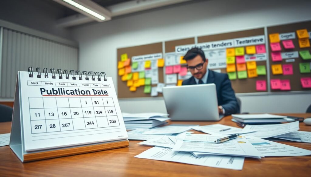 A detailed and vibrant scene captured in a modern office environment. In the foreground, an open calendar on a sleek wooden desk prominently displays the "Publication Date" in clear, bold lettering. Surrounding it, scattered documents and notes related to cleaning tenders, showcasing various relevant data, deadlines, and key points, all presented with professional clarity. In the middle, a business professional in a sharp suit studies a laptop, with a thoughtful expression while highlighting crucial dates. The background features a well-organized bulletin board filled with colorful post-it notes, timelines, and visual reminders about upcoming tenders. Soft overhead lighting creates a focused atmosphere, emphasizing productivity and clarity. The overall mood is one of diligence and professionalism, inviting engagement with the subject matter without any distractions.