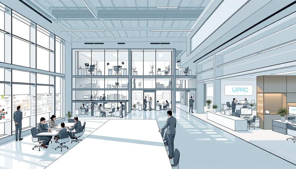 A detailed architectural illustration of the UPME (Unidad de Planeación Minero Energética) headquarters, showcasing its internal structure and key areas. In the foreground, highlight a modern conference room with a long table surrounded by professional individuals in business attire deep in discussion. In the middle ground, depict various office spaces with large windows letting in natural light and displaying interactive planning boards, project maps, and team collaboration areas. The background features a sleek reception area with a contemporary design, emphasizing a professional and organized atmosphere. The lighting is bright and inviting, capturing a productive work environment. The perspective should be slightly elevated, offering a comprehensive view of the layout and functionality of the organization’s workspace. A detailed architectural illustration of the UPME (Unidad de Planeación Minero Energética) headquarters, showcasing its internal structure and key areas. In the foreground, highlight a modern conference room with a long table surrounded by professional individuals in business attire deep in discussion. In the middle ground, depict various office spaces with large windows letting in natural light and displaying interactive planning boards, project maps, and team collaboration areas. The background features a sleek reception area with a contemporary design, emphasizing a professional and organized atmosphere. The lighting is bright and inviting, capturing a productive work environment. The perspective should be slightly elevated, offering a comprehensive view of the layout and functionality of the organization’s workspace.