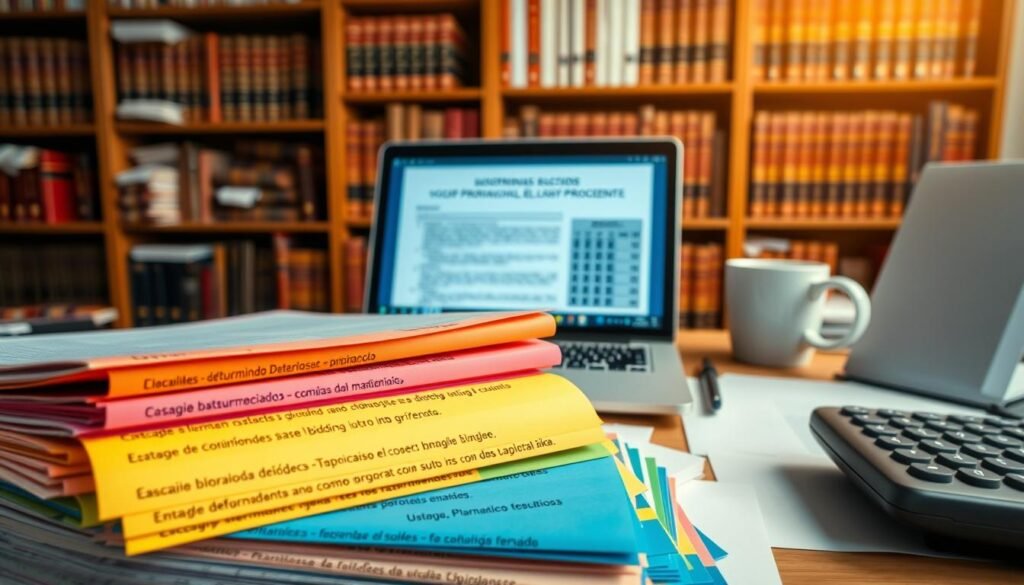 A detailed, close-up image of a workspace displaying "códigos nuts" essential for pharmaceutical bidding processes. The foreground showcases a neatly arranged stack of colorful documents labeled with various codes and requirements in clear, bold letters. In the middle ground, a laptop is open, illuminating the screen that shows a digital document about bidding processes, with a calculator and a cup of coffee nearby to imply an ongoing analysis. In the background, a softly blurred view of bookshelves filled with legal texts and guidelines related to pharmaceutical procurement creates a scholarly atmosphere. The lighting is warm and inviting, with a focus on the documents and laptop to emphasize clarity and professionalism. The mood is serious yet focused, capturing the essence of analytical work in a business environment.