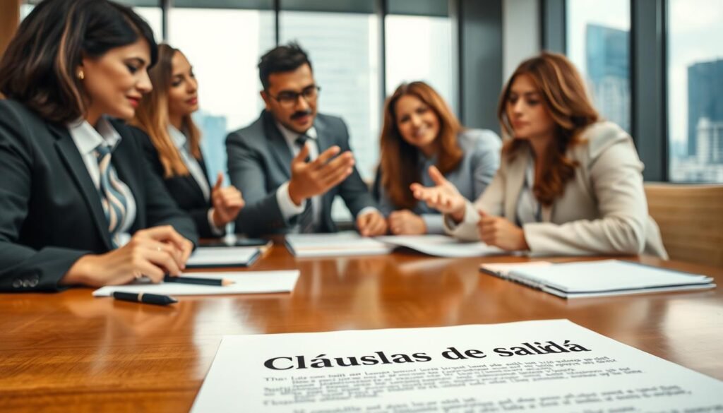 A detailed close-up shot of a professional business meeting setting, showcasing a group of diverse individuals in formal business attire discussing a contract. In the foreground, a contract document titled "Cláusulas de Salida" is prominently displayed on a polished wooden table, surrounded by pens and notepads. In the middle, the participants, a mix of men and women of various ethnicities, are engaged in animated discussion, gesturing and pointing to specific clauses in the document. In the background, a large window reveals a modern city skyline, with soft natural lighting filtering through, creating a warm, collaborative atmosphere. The focus is on teamwork and negotiation, emphasizing the themes of partnership and compliance in a business context. A detailed close-up shot of a professional business meeting setting, showcasing a group of diverse individuals in formal business attire discussing a contract. In the foreground, a contract document titled "Cláusulas de Salida" is prominently displayed on a polished wooden table, surrounded by pens and notepads. In the middle, the participants, a mix of men and women of various ethnicities, are engaged in animated discussion, gesturing and pointing to specific clauses in the document. In the background, a large window reveals a modern city skyline, with soft natural lighting filtering through, creating a warm, collaborative atmosphere. The focus is on teamwork and negotiation, emphasizing the themes of partnership and compliance in a business context.