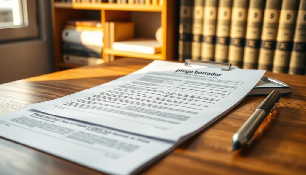 A detailed close-up view of a "pliego borrador" document, featuring clearly visible text and sections marked in neat, professional formatting. The document is placed on a wooden desk, surrounded by a couple of elegant, modern office supplies like pens and a notepad. In the background, softly blurred shelves filled with books on construction and procurement can be seen, suggesting an academic or professional atmosphere. Warm, natural lighting filters through a nearby window, casting gentle shadows and enhancing the serious tone of the scene. The focus should be on the document's layout, making it easy to understand for someone looking to decode the SECOP II format. The overall mood should convey professionalism and clarity, inviting the viewer to engage with the subject matter.