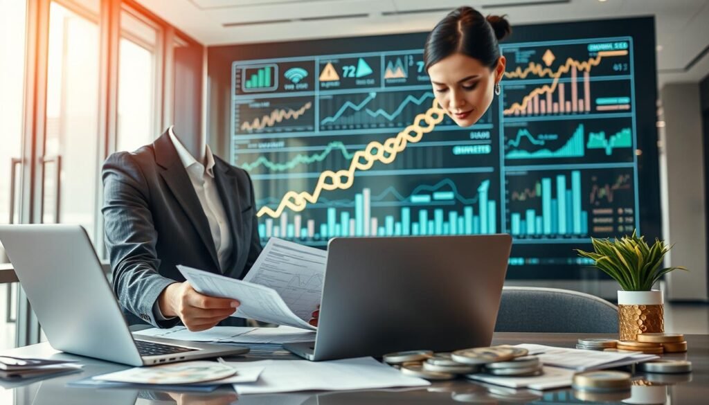 A detailed composition illustrating the concept of "liquidez" as it pertains to financial capacity for bidding. In the foreground, place a professional businesswoman in business attire, examining financial documents and charts displaying liquidity ratios, surrounded by a laptop and financial graphs. In the middle ground, showcase a large digital display board filled with dynamic financial indicators and symbols of liquidity such as cash, banknotes, and rising graphs symbolizing growth. The background should feature a modern office environment with glass walls and soft, natural light creating an optimistic mood. Use a slight angle to capture depth, and ensure the atmosphere conveys professionalism and strategic planning. The scene should be well-lit, highlighting the subject and important financial symbols.