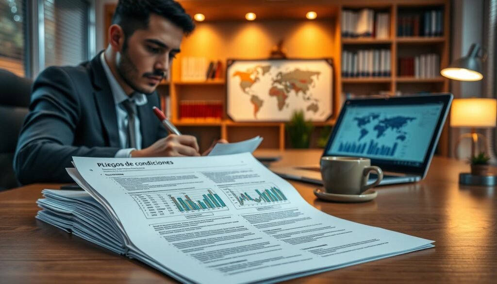 A detailed desk scene showcasing "pliegos de condiciones" for a public bidding proposal in Colombia. In the foreground, a neatly arranged stack of official documents lies open, revealing text and charts related to requirements and conditions. A professional-looking individual, dressed in business attire, is focused on reviewing the documents, with a pen in hand, emphasizing the meticulous preparation process. In the middle ground, a modern laptop displays graphs and analysis, alongside a coffee cup for a touch of warmth. The background features a softly lit office environment with bookshelves and a world map, symbolizing globalization in business. Ambient lighting casts a professional atmosphere, highlighting the seriousness of the bidding process while maintaining an organized and inviting workspace.
