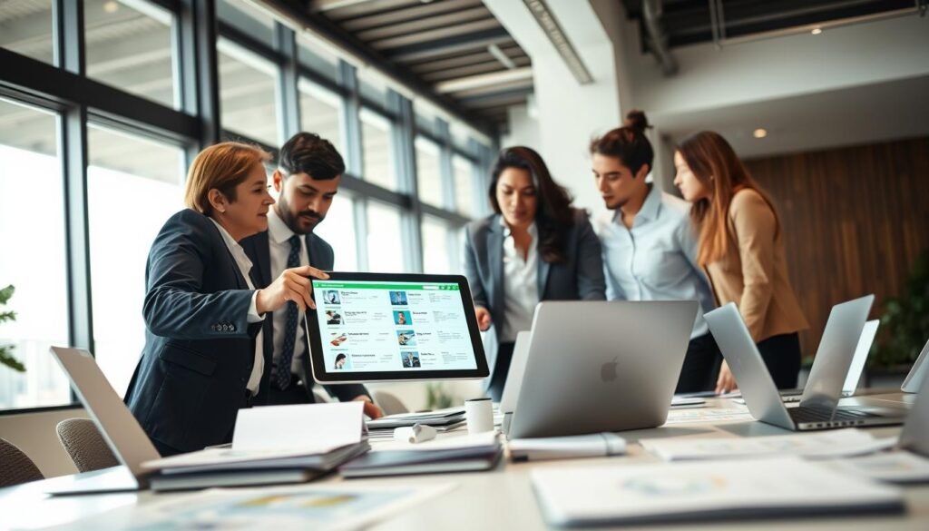 A detailed directory scene depicting various professionals actively involved in searching for tenders in Colombia. In the foreground, a diverse group of three individuals, dressed in smart business attire, is engaged in intense discussion, pointing at a digital tablet displaying a vibrant interface of online listings. In the middle ground, a large table is filled with open laptops, documents, and charts, all related to bidding processes. The background should feature a modern office setting with large windows allowing natural light to flood in, creating a bright and conducive atmosphere for collaboration. The mood is focused and dynamic, emphasizing productivity and efficient organization. Use a wide-angle lens effect for a sense of depth, capturing the essence of teamwork and resourcefulness in finding effective tenders.
