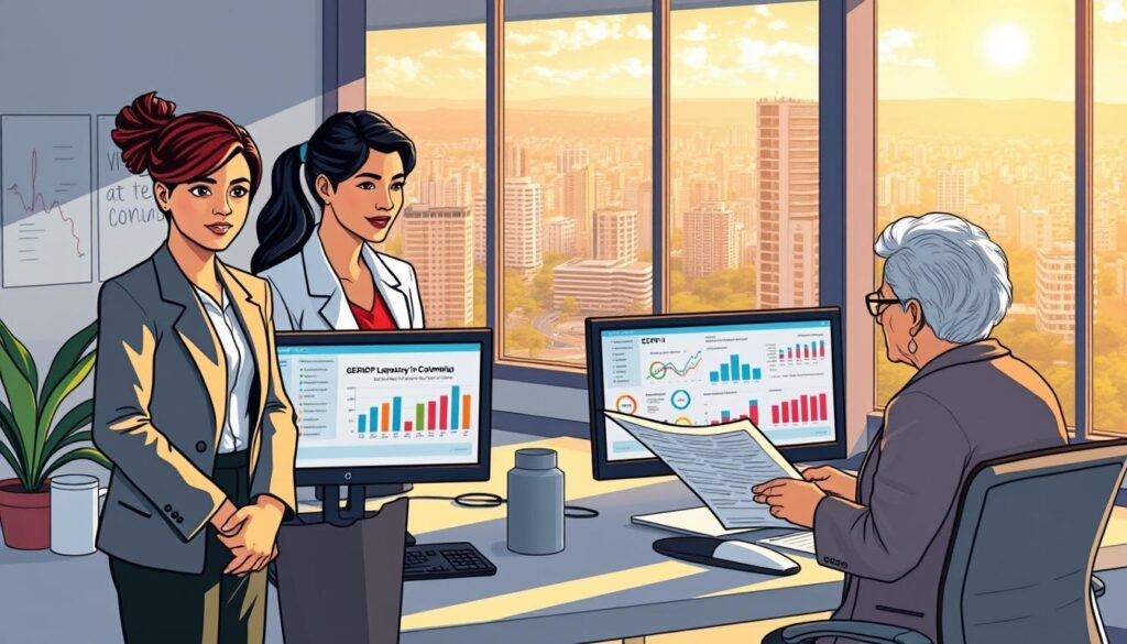 A detailed, illustrated workspace depicting a modern office setting focused on clinical laboratory bidding processes in Colombia. In the foreground, a diverse group of professional individuals, including a Colombian woman in business attire, a Colombian man in a blazer, and an elderly woman reviewing documents, symbolizes collaboration. In the middle ground, computer screens display SECOP II data with charts and graphs, representing bid information for clinical laboratories. The background features a large window with a view of a bustling city, illuminated by warm afternoon sunlight, creating a vibrant atmosphere. Soft shadows enhance the depth and focus of the scene, evoking a sense of productive collaboration in the healthcare sector. A detailed, illustrated workspace depicting a modern office setting focused on clinical laboratory bidding processes in Colombia. In the foreground, a diverse group of professional individuals, including a Colombian woman in business attire, a Colombian man in a blazer, and an elderly woman reviewing documents, symbolizes collaboration. In the middle ground, computer screens display SECOP II data with charts and graphs, representing bid information for clinical laboratories. The background features a large window with a view of a bustling city, illuminated by warm afternoon sunlight, creating a vibrant atmosphere. Soft shadows enhance the depth and focus of the scene, evoking a sense of productive collaboration in the healthcare sector.