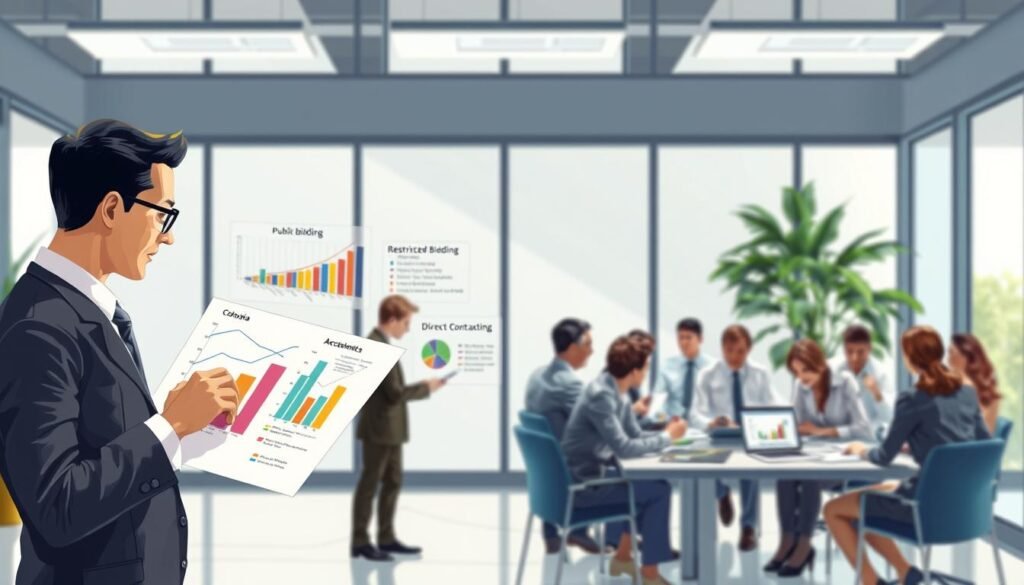 A detailed illustration depicting the various types of public bidding processes in Colombia. In the foreground, a business professional in formal attire is analyzing colorful graphs and charts that represent different bidding modalities such as public procurement, restricted bidding, and direct contracting. In the middle ground, diverse groups of professionals are engaged in discussions, surrounded by documents and laptops, fostering an atmosphere of collaboration and strategy. The background showcases a modern office environment, with large windows allowing natural light to flood the room, creating a bright and optimistic mood. The lighting emphasizes the clarity of the information presented while maintaining a professional ambiance. The composition should be well-balanced, capturing the essence of public bidding and contractor selection in a dynamic and informative way, without any text or watermarks.