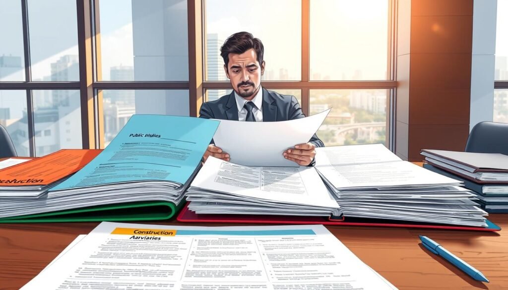 A detailed illustration of a public bidding document in a professional setting, showcasing a spread of paperwork on a wooden desk. In the foreground, several colorful folders labeled with different categories like "Construction," "Services," and "Supplies" are neatly arranged. In the middle, a business professional in formal attire is reviewing the documents with a focused expression, emphasizing the seriousness of the tender process. The background features a large window with natural light flooding in, casting soft shadows, and a cityscape visible in the distance. The atmosphere is one of diligence and professionalism, capturing the essence of public procurement in Colombia.
